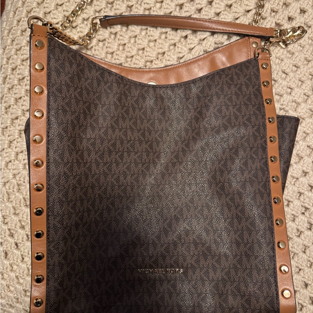 Michael Kors Dark Brown and Tan Studded Shoulder Bag